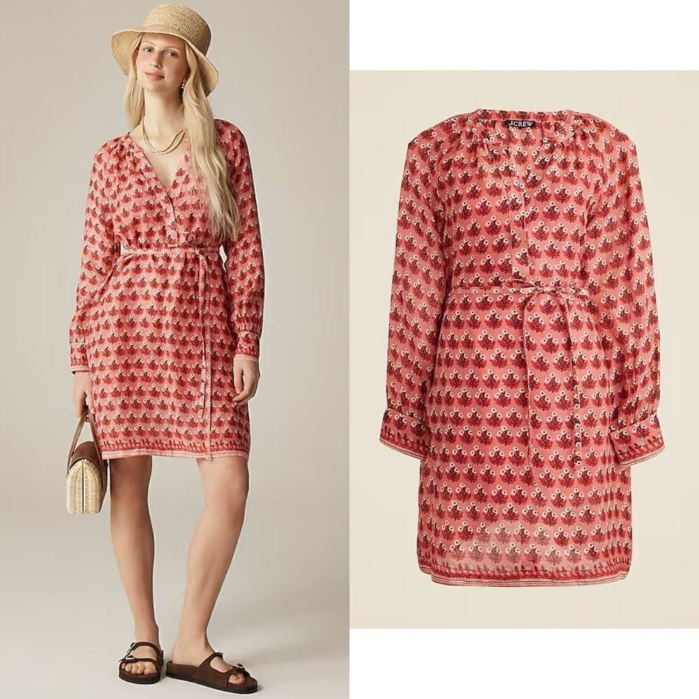 NWT J CREW Cabana mini dress in block-print ramie in Coral Multi